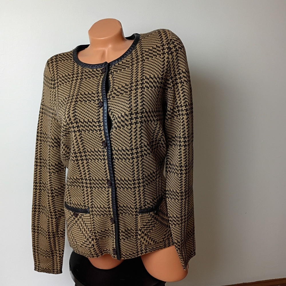 Pendleton Tall Womens Small Cardigan Brown Houndstooth Glen Plaid Leather Trim